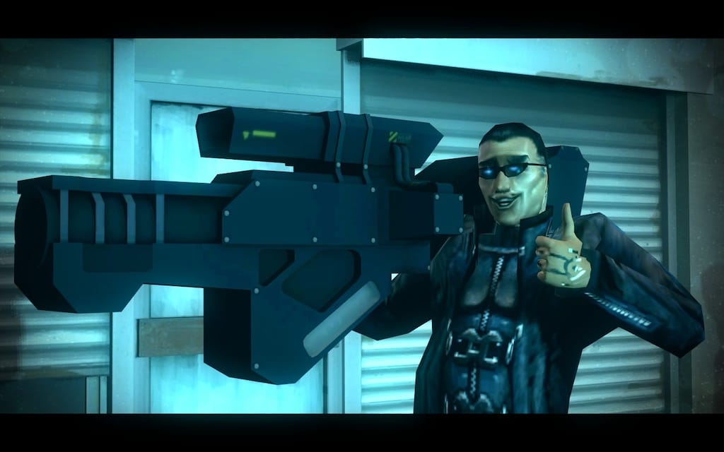 A goofy JC Denton holding an oversized GEP gun with his thumb up.