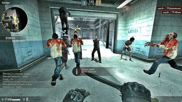 CS:GO's office map near the CT entrance, featuring 8 zombies in front of the player and many more on the minimap.