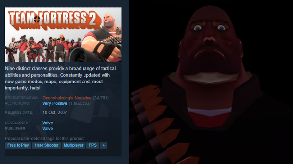 Left: An Overwhelmingly Negative recent review score for TF 2. Right: A serious looking heavy from TF2